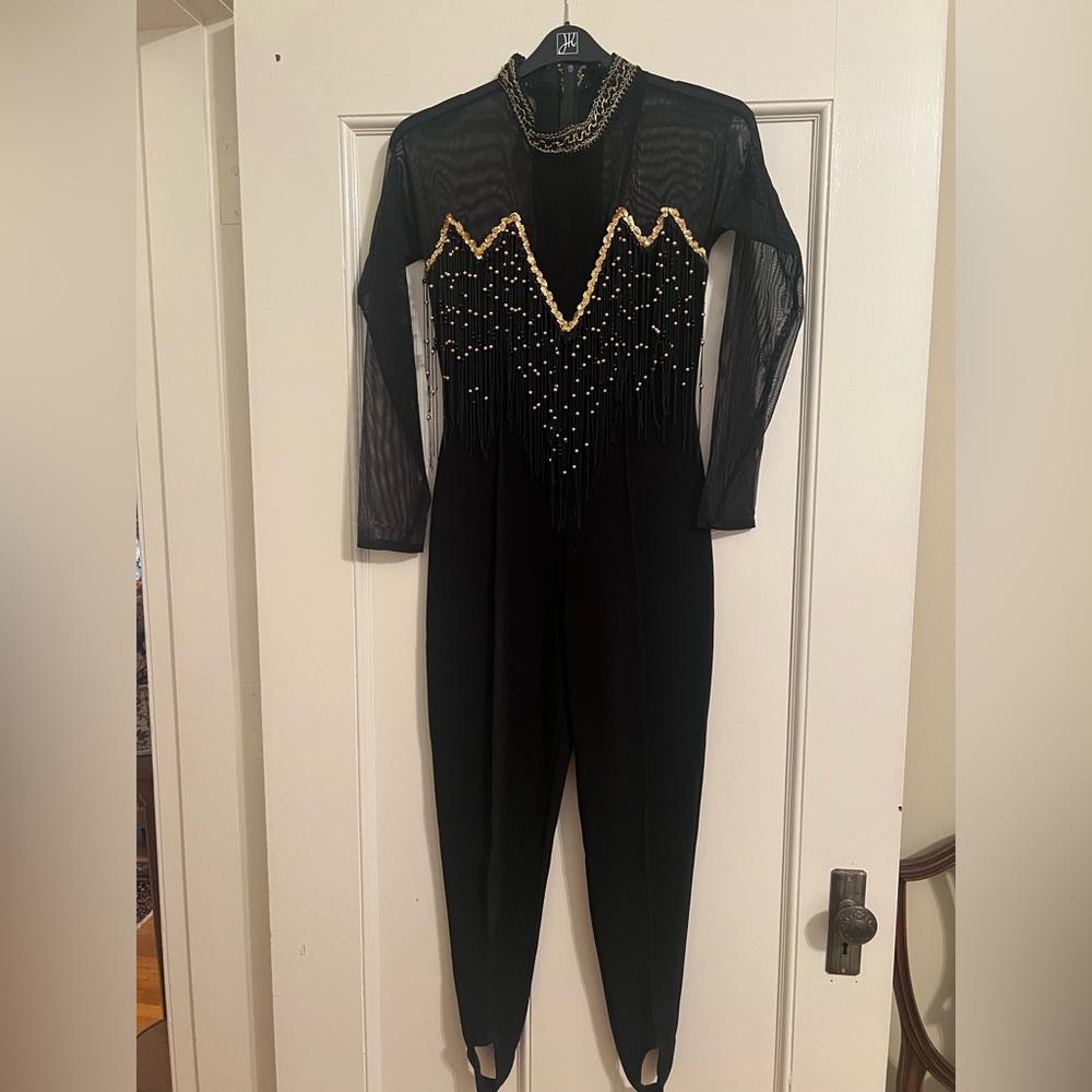 Vintage Black and Gold Jumpsuit with fringe and stirrups-S